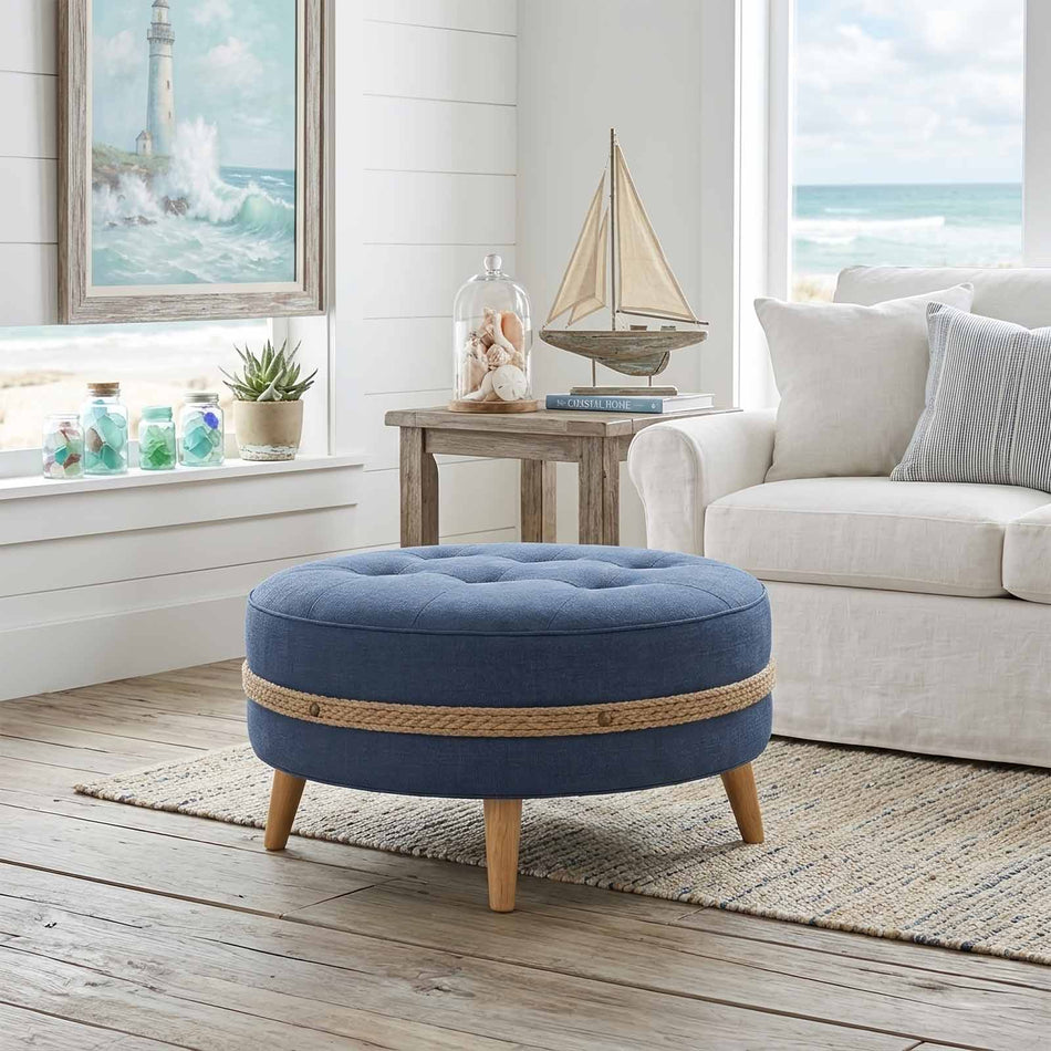 Round buttoned ottoman with rope detail & wooden legs