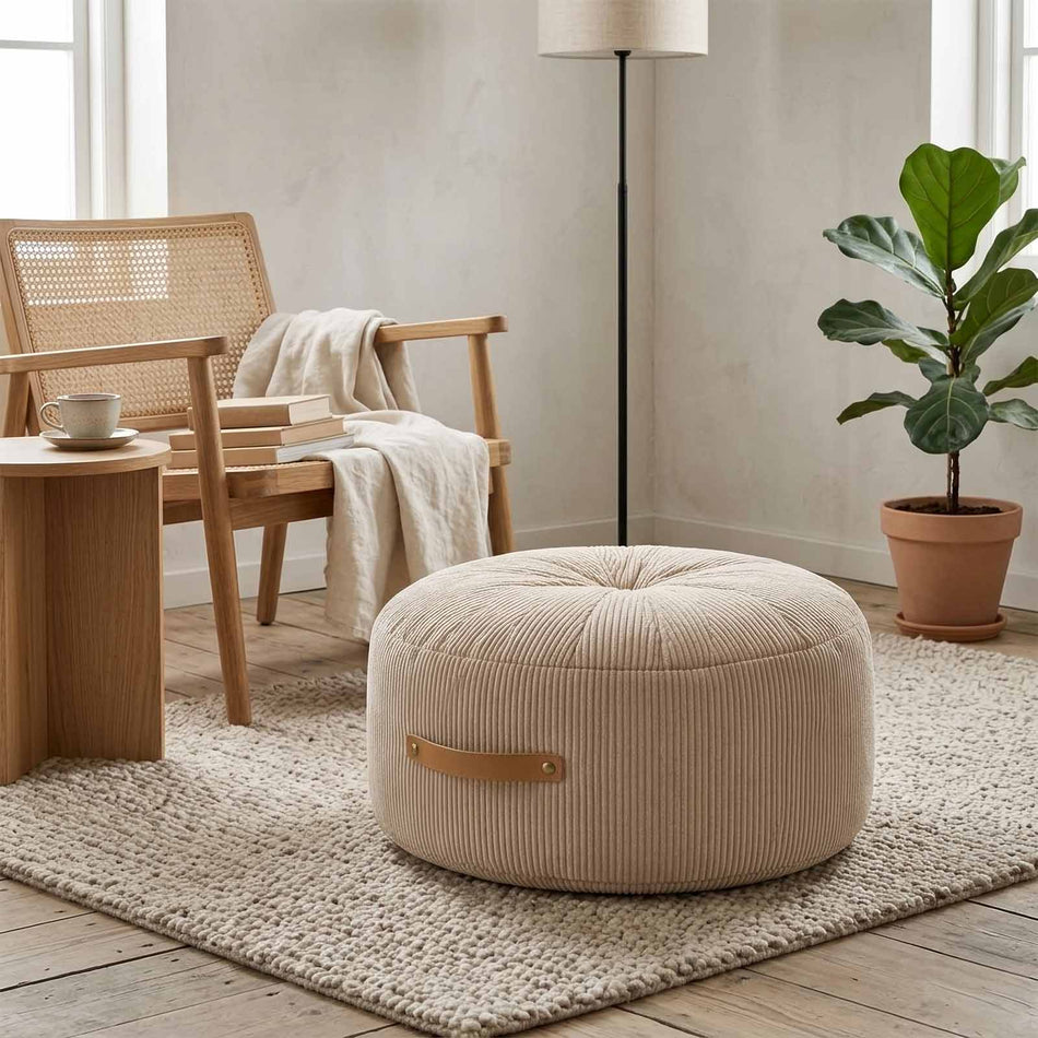 Ribbed fabric pouf with handle