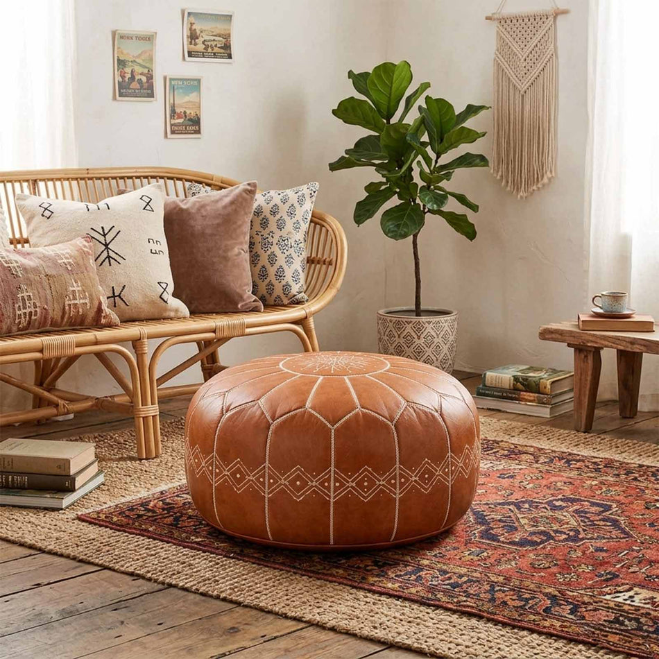 Embroidered leather pouf
