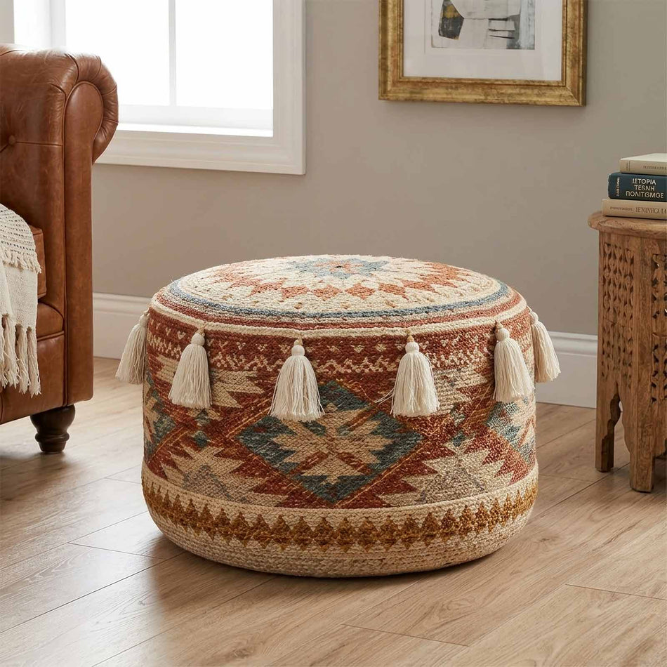 Patterned tassel pouf