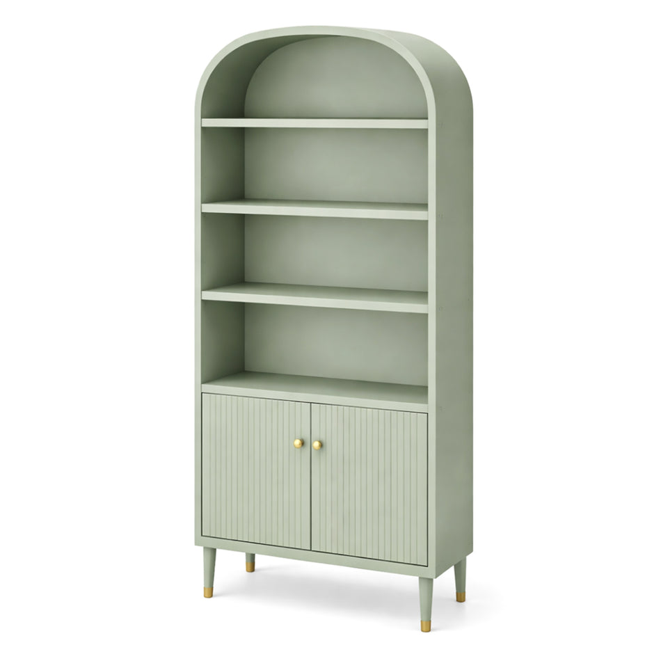 Arched bookcase with cabinet storage