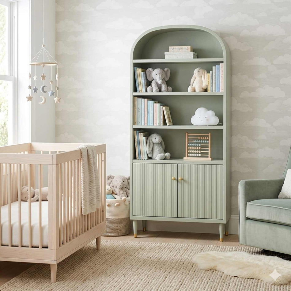 Arched bookcase with cabinet storage