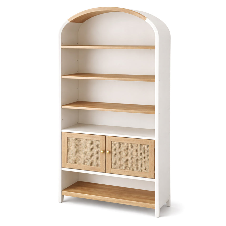Arched display bookcase with rattan-style doors