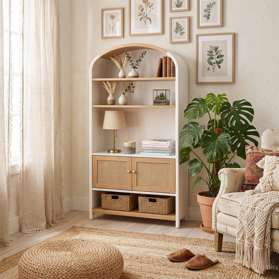 Arched display bookcase with rattan-style doors