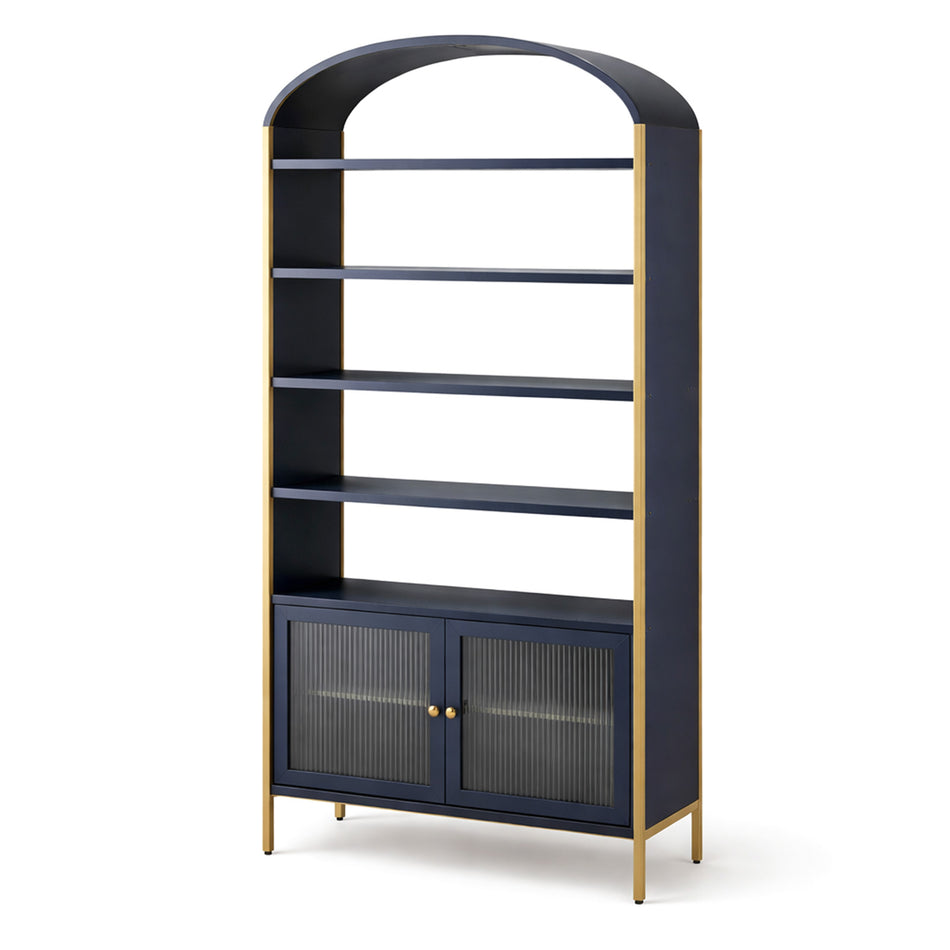 Arched shelving unit with glass-effect cabinet doors