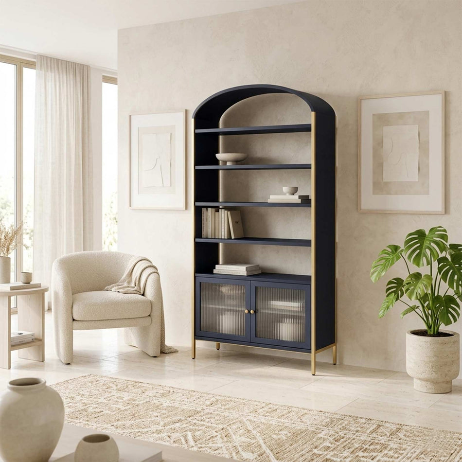 Arched shelving unit with glass-effect cabinet doors