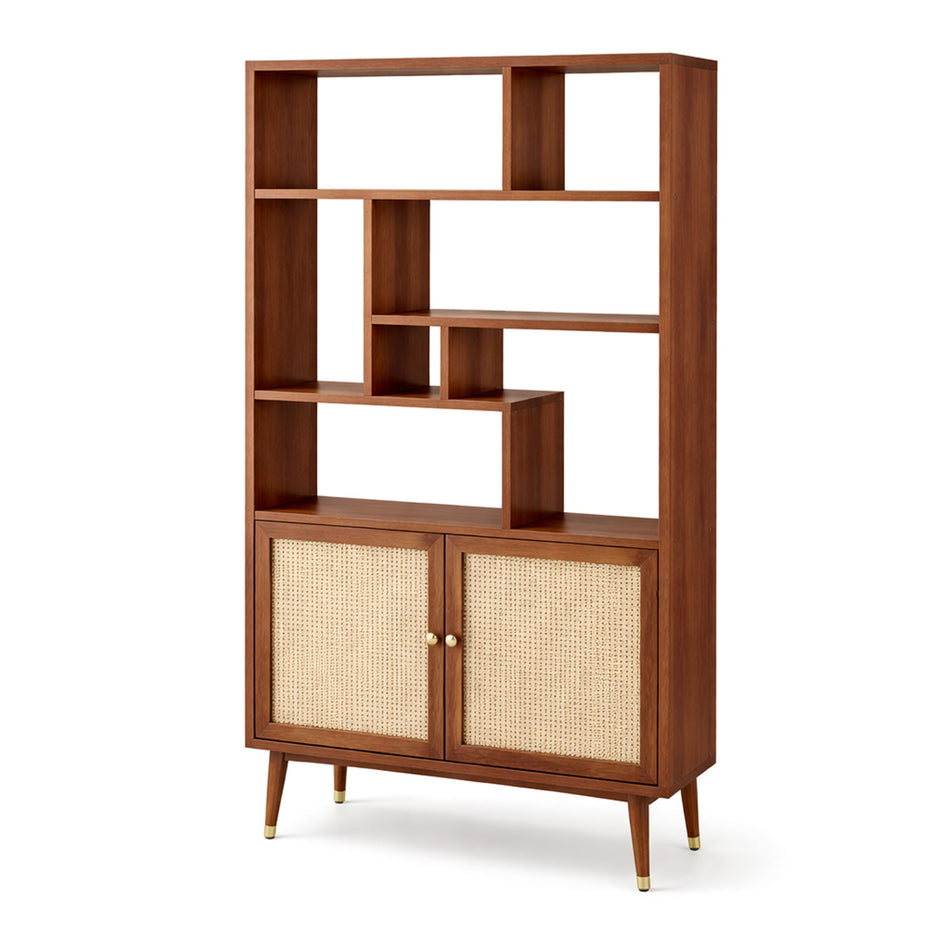 Open storage bookcase with rattan-style cabinet