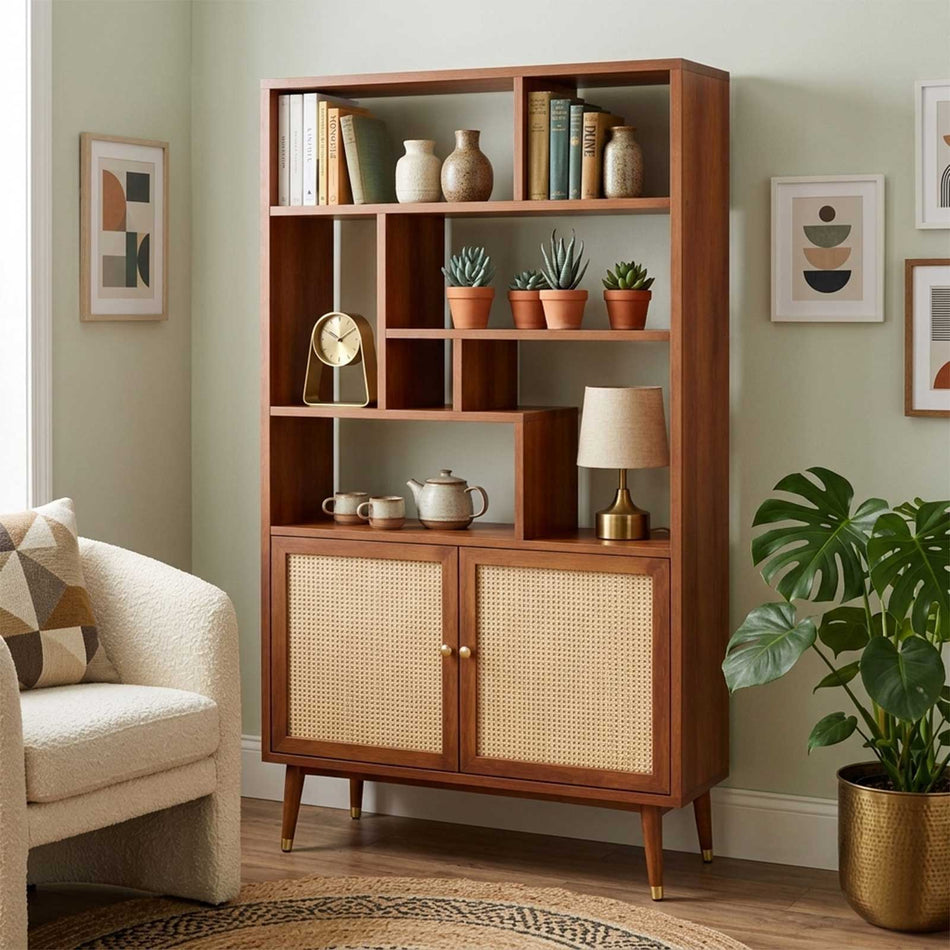 Open storage bookcase with rattan-style cabinet