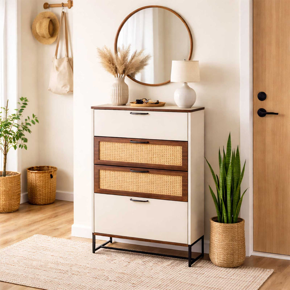 Shoe cabinet with drawer and metal base