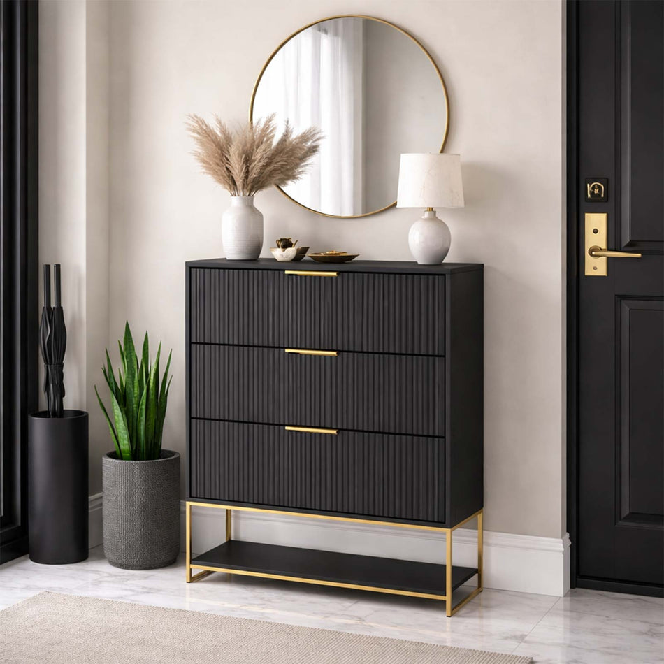 Ribbed front cabinet with metal base
