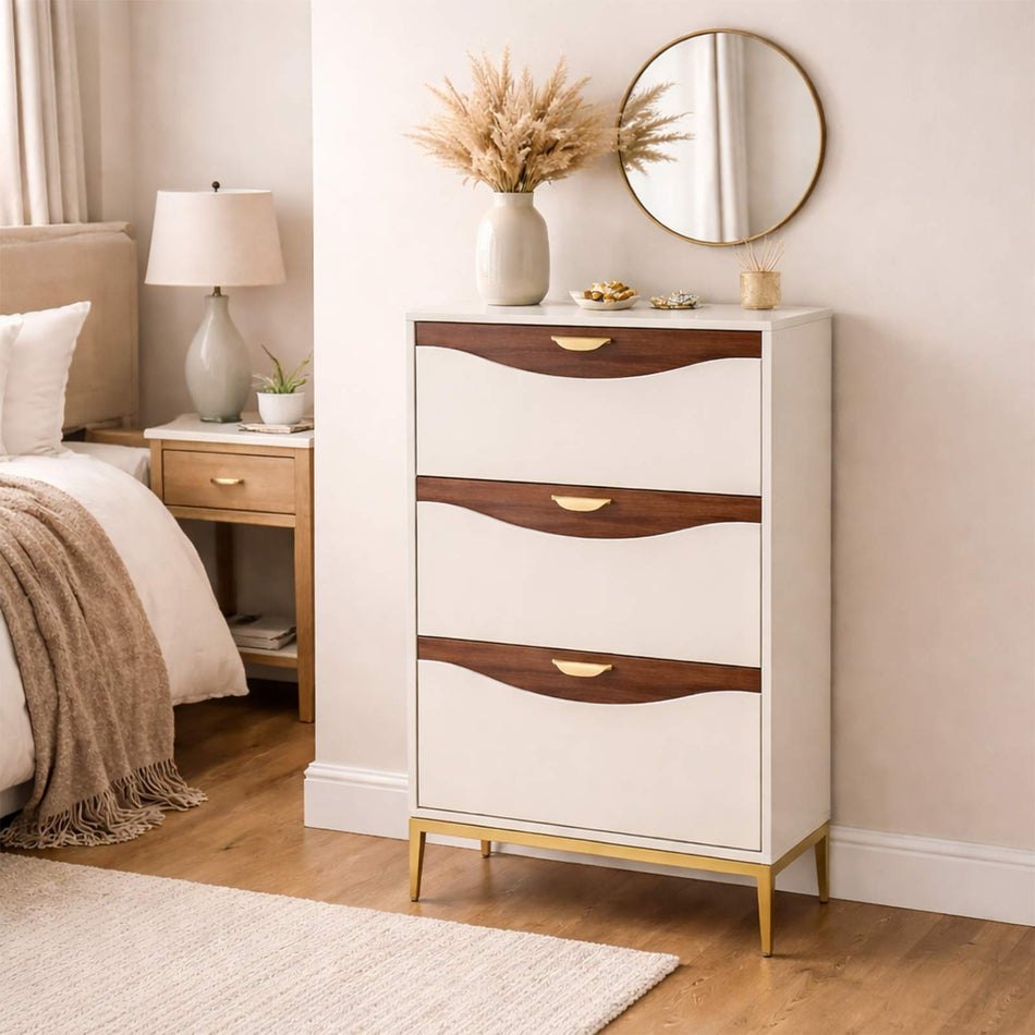 Curved panel cabinet with metal base
