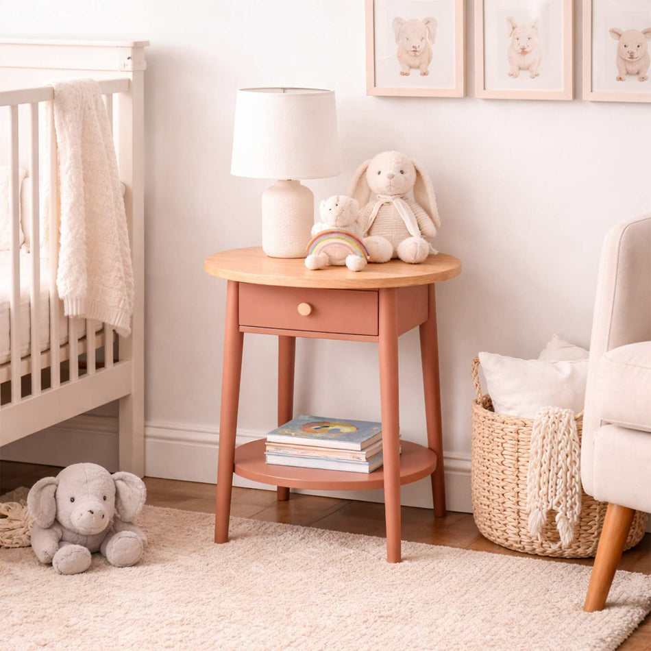 Round side table with drawer & shelf