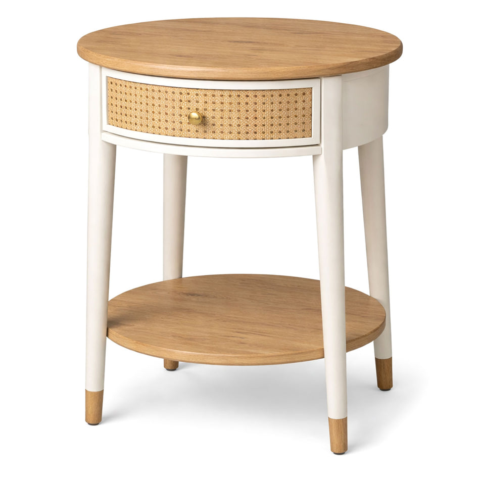 Oak & rattan side table with drawer