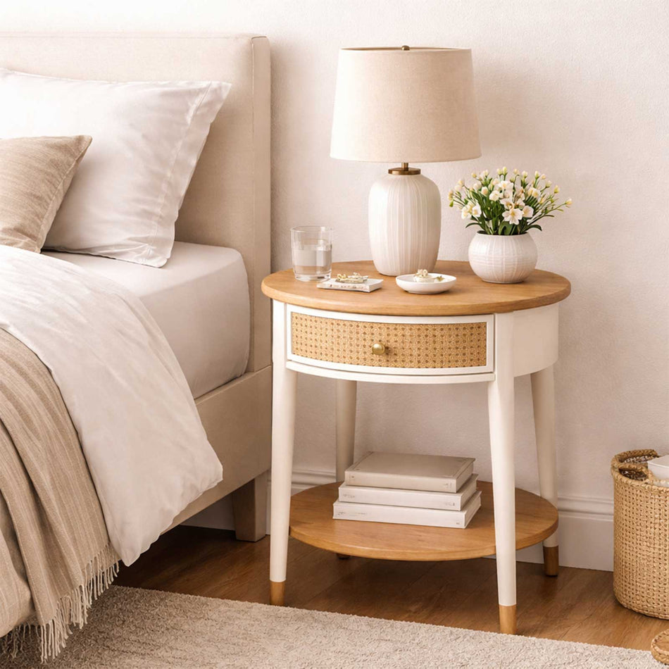 Oak & rattan side table with drawer