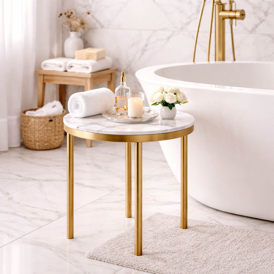 Marble effect round side table with metal frame