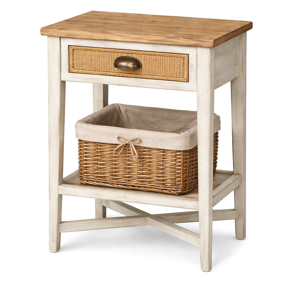 Rustic side table with drawer & basket storage