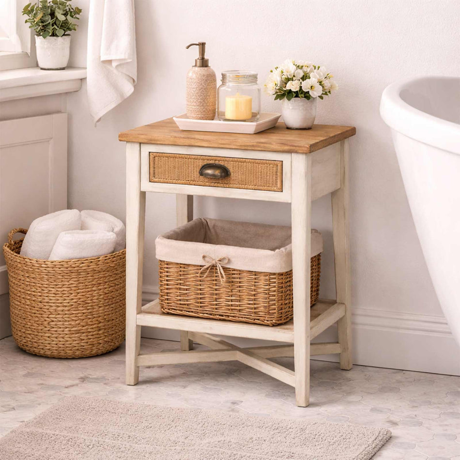 Rustic side table with drawer & basket storage