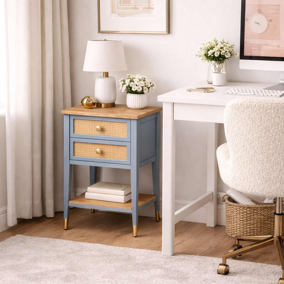Double drawer side table with rattan detail