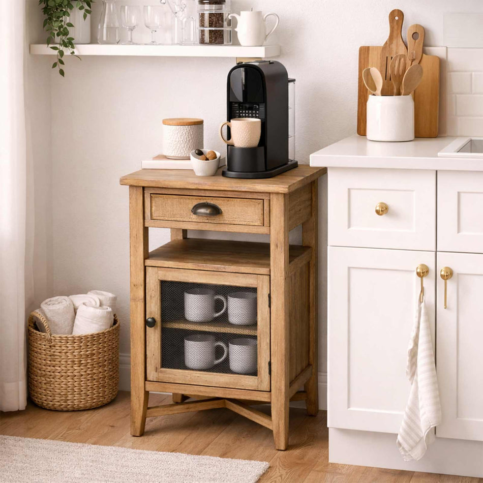 Industrial side table with cabinet storage