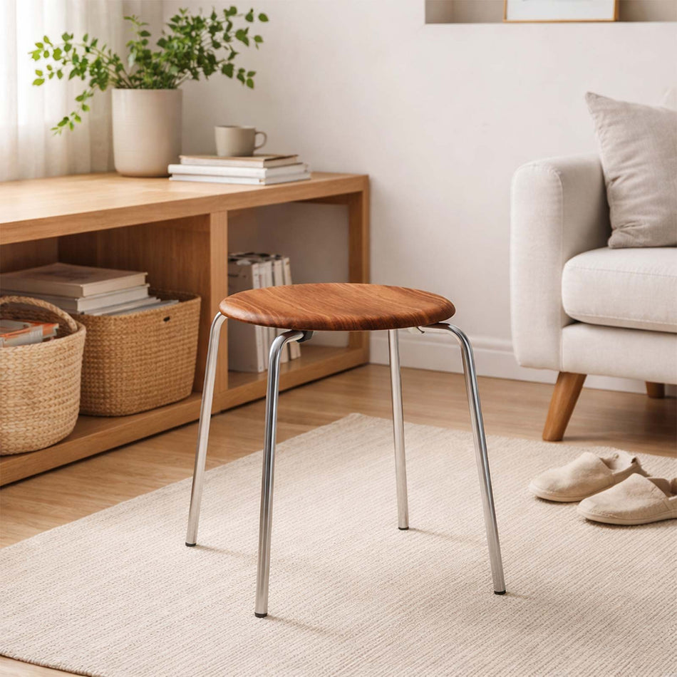 Round oak & metal stool