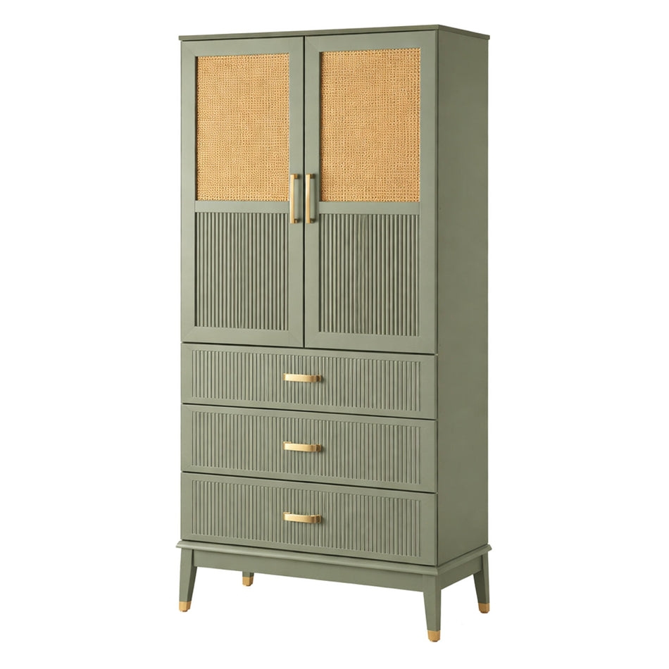 Storage cabinet with drawers and rattan doors