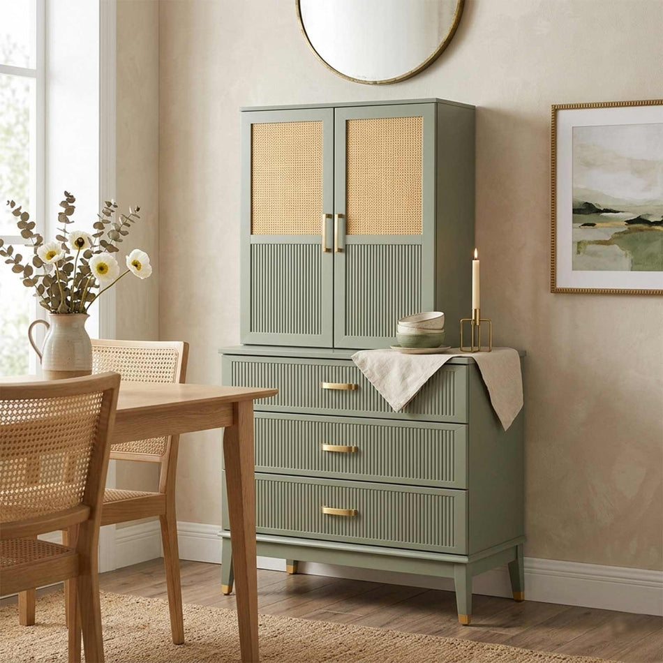 Storage cabinet with drawers and rattan doors