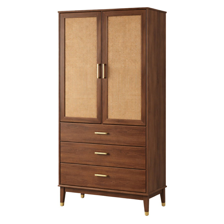 Walnut cabinet with rattan doors and drawers