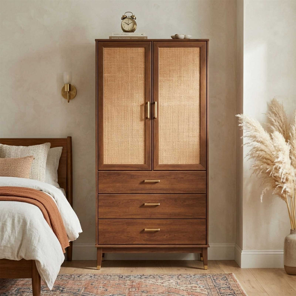 Walnut cabinet with rattan doors and drawers