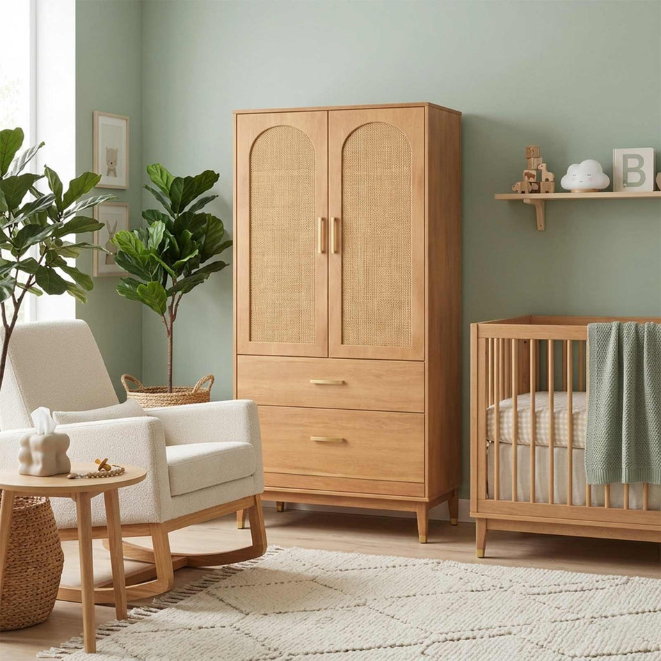 Light oak rattan door cabinet with drawers