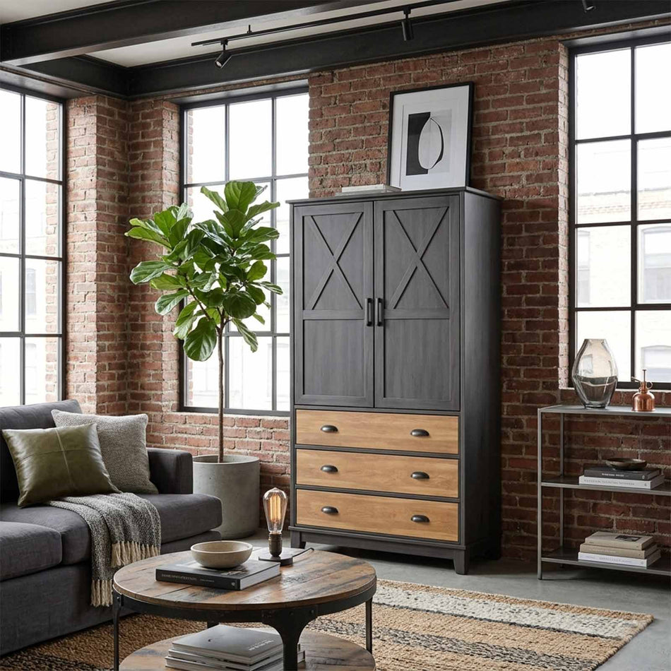Industrial dark wood cabinet with drawers