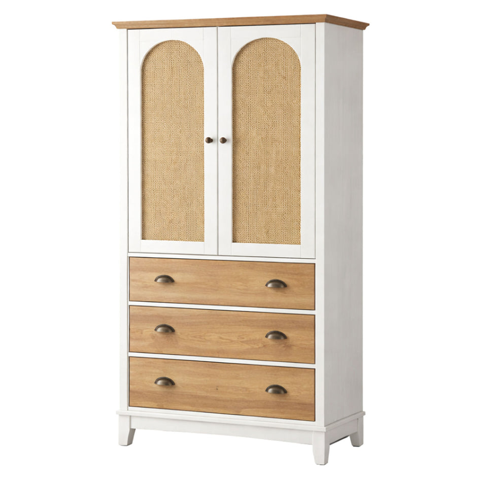 White and wood rattan cabinet