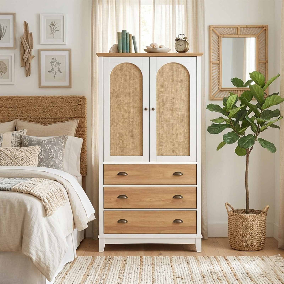 White and wood rattan cabinet