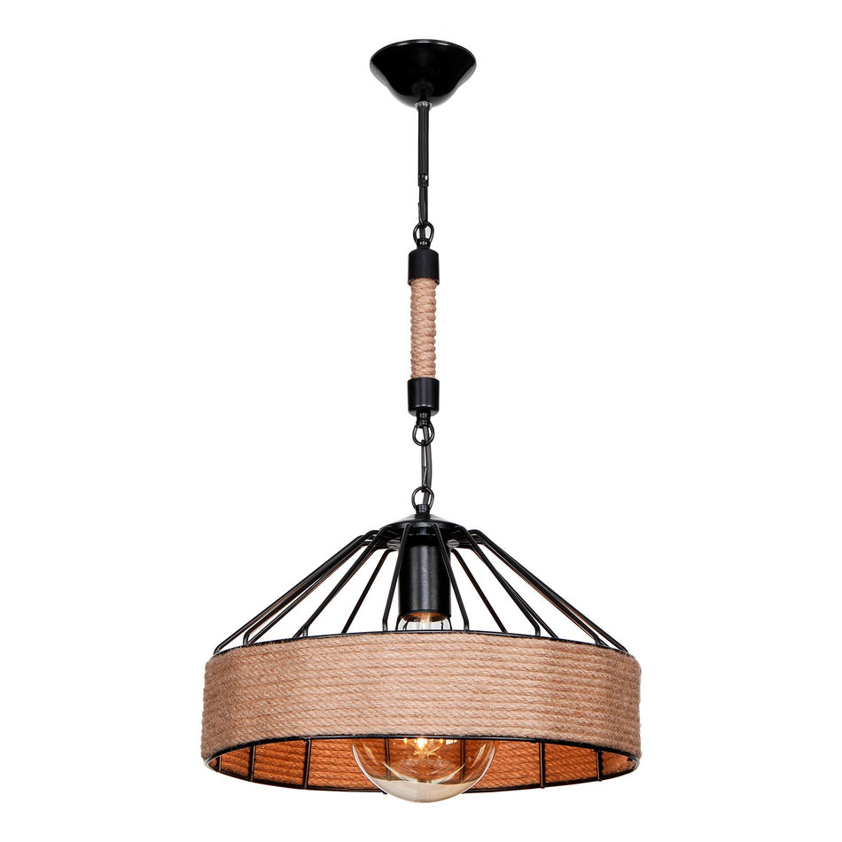 Omicron round LED pendant lamp, hemp rope, one bulb