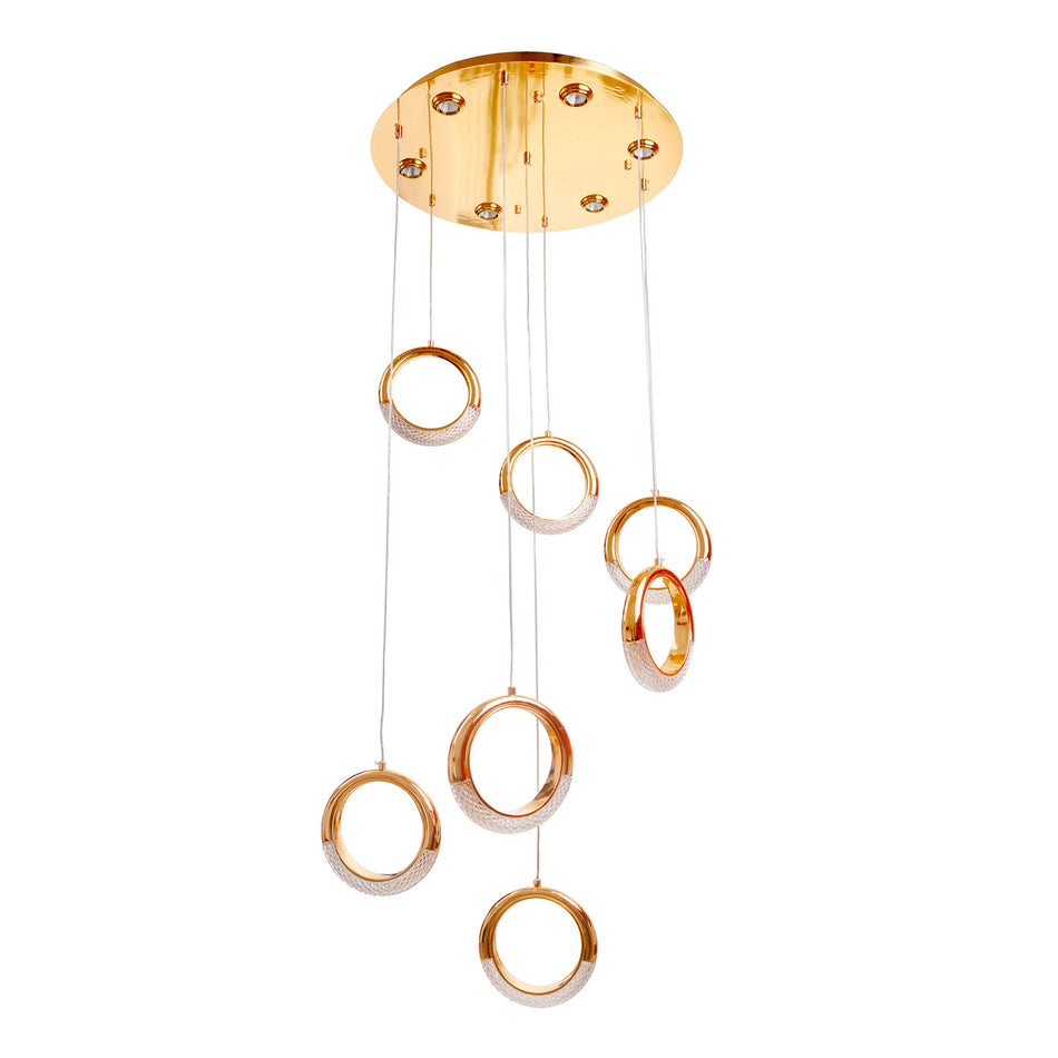 Siracusa LED ceiling light, dimmable, gold, 7 rings