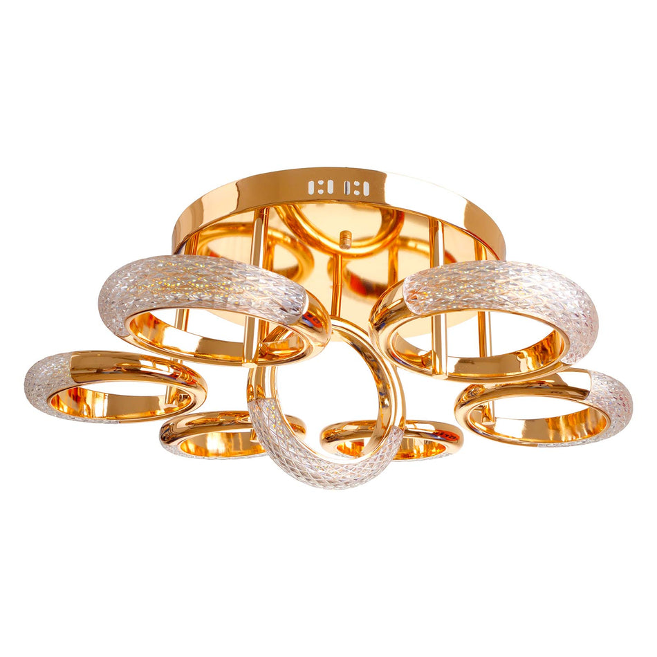 Olbia chandelier, gold, 7-bulb, 7 rings